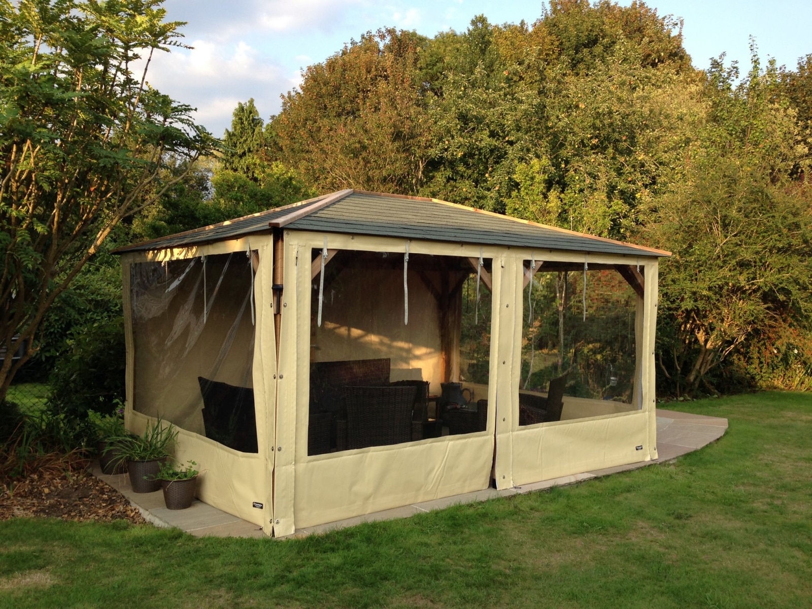 Large Waterproof Cream Pergola Side Panels with Clear PVC Windows