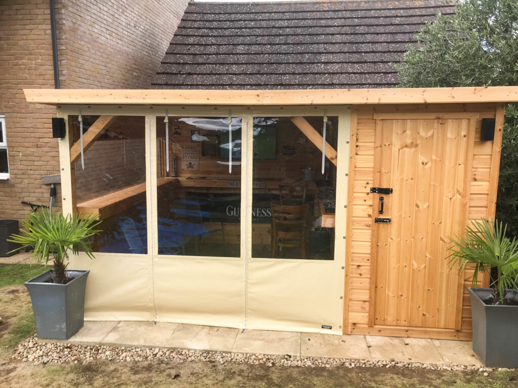 Cream PVC Side Curtains for Wooden Gazebo with Bar Area