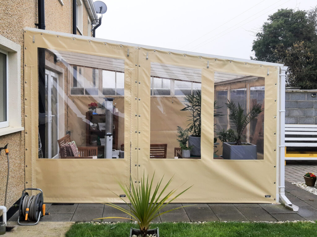 Cream PVC Side Panels for Awning with Roll Up Doors
